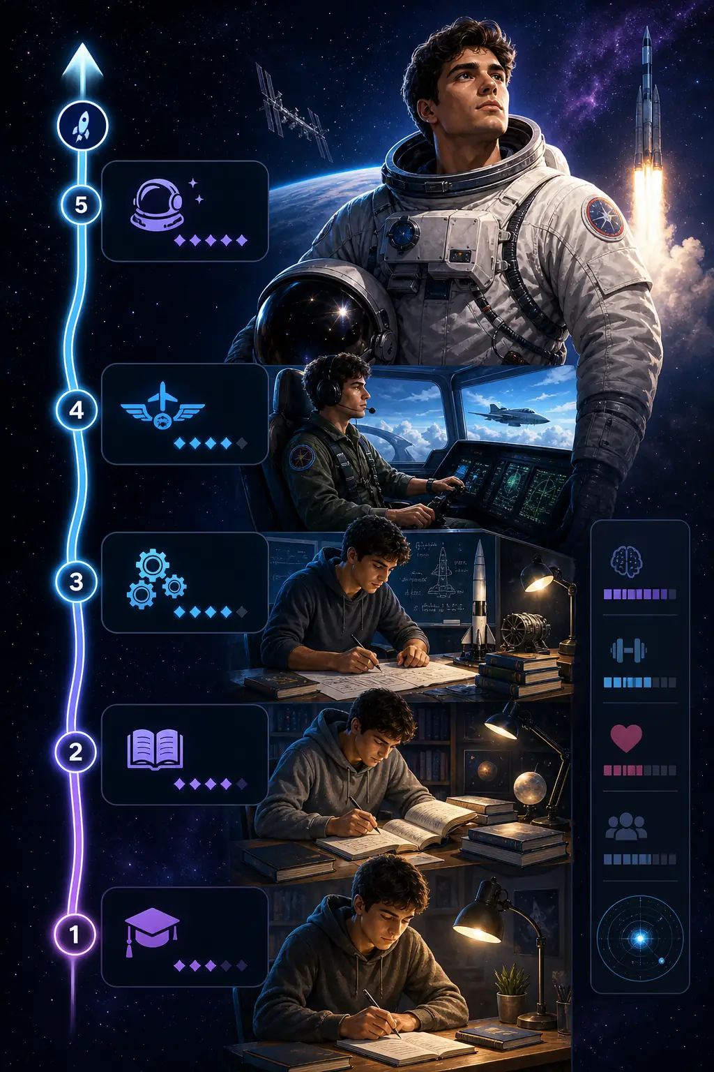 Illustrated BitLife astronaut career roadmap with education, flight training, and space mission milestones