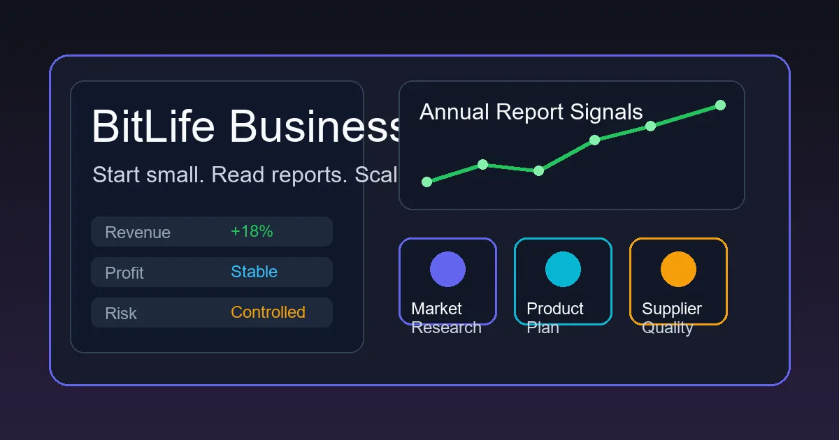 Illustrated BitLife business dashboard showing revenue, products, facilities, and CEO decisions