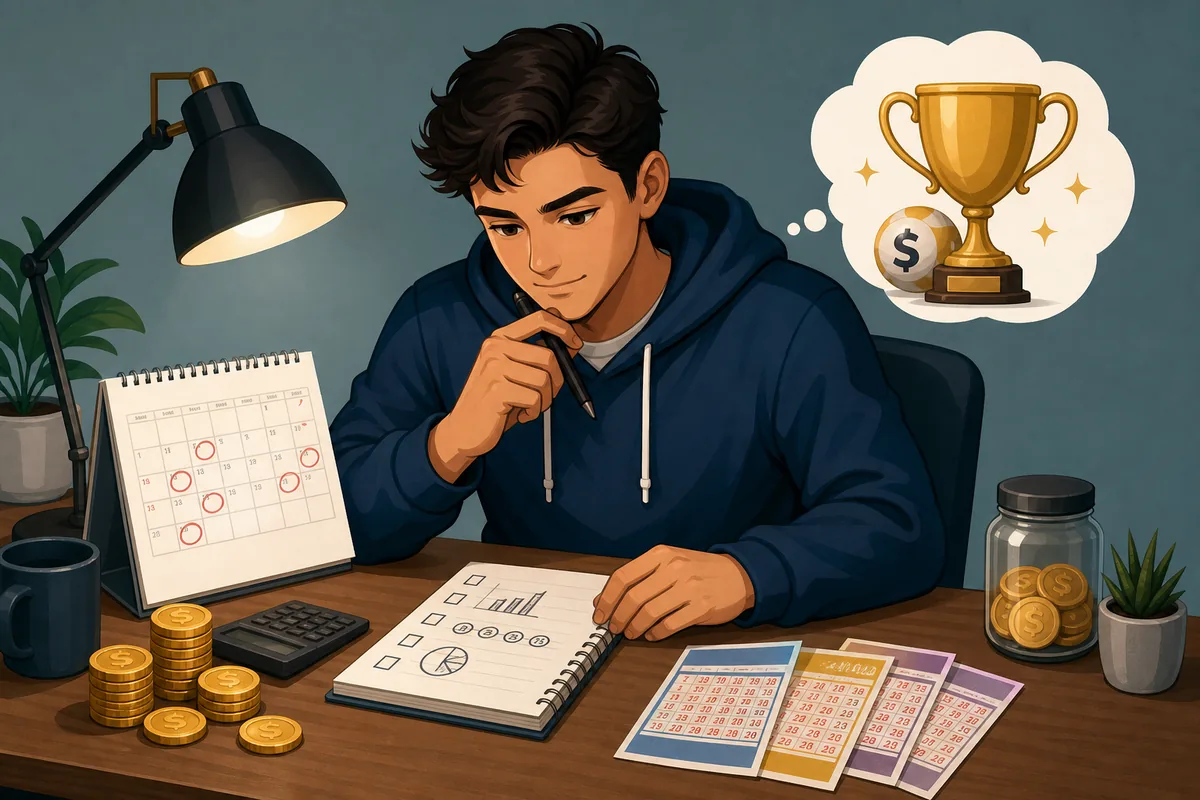 Editorial BitLife lottery strategy scene with tickets, savings, calendar planning, and a jackpot goal