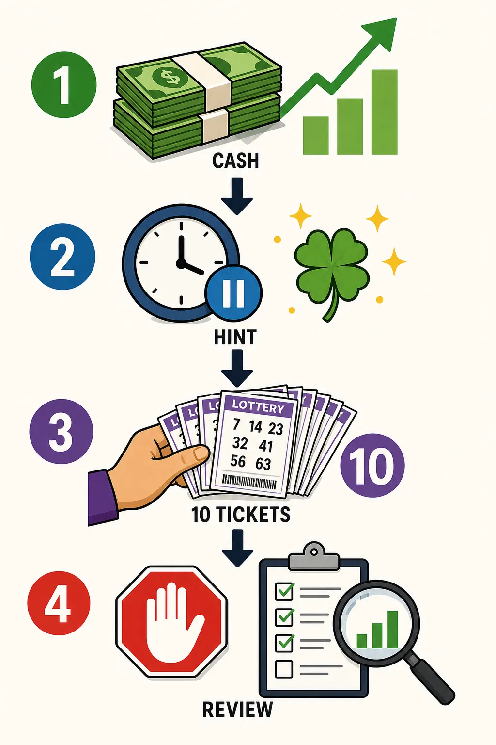 Four-step BitLife lottery attempt flow showing cash buffer, lucky hint, ten tickets, and review