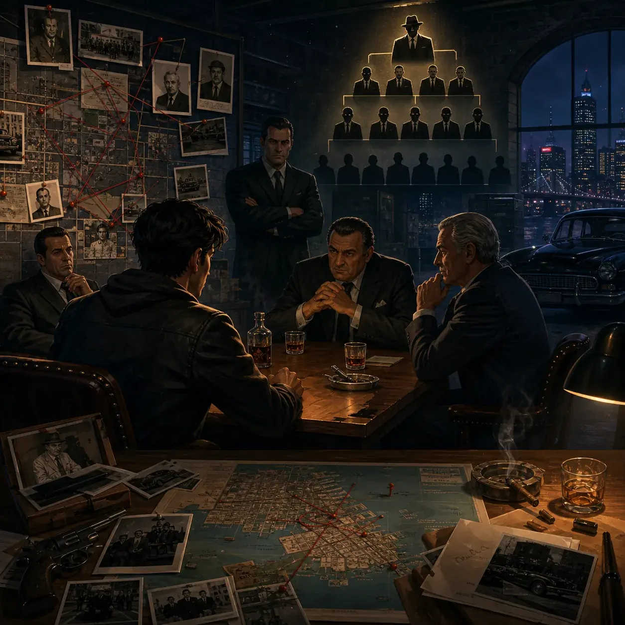 Conceptual BitLife Mafia guide illustration showing a crime-family meeting, city map, and hierarchy