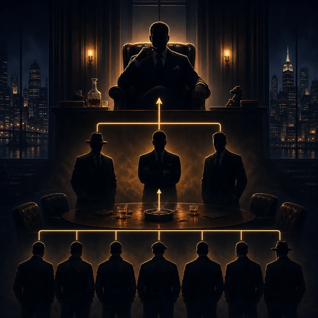 Conceptual Mafia hierarchy illustration showing members moving toward a senior boss