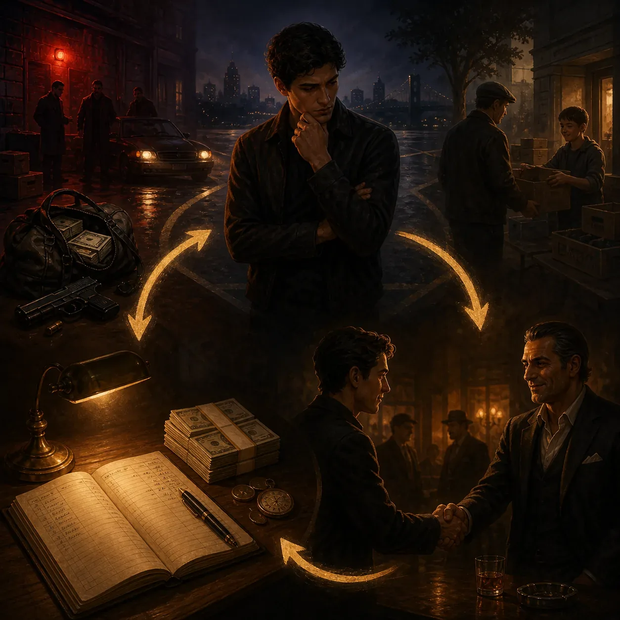 Conceptual BitLife Mafia risk loop showing money, loyalty, choices, and warning signals