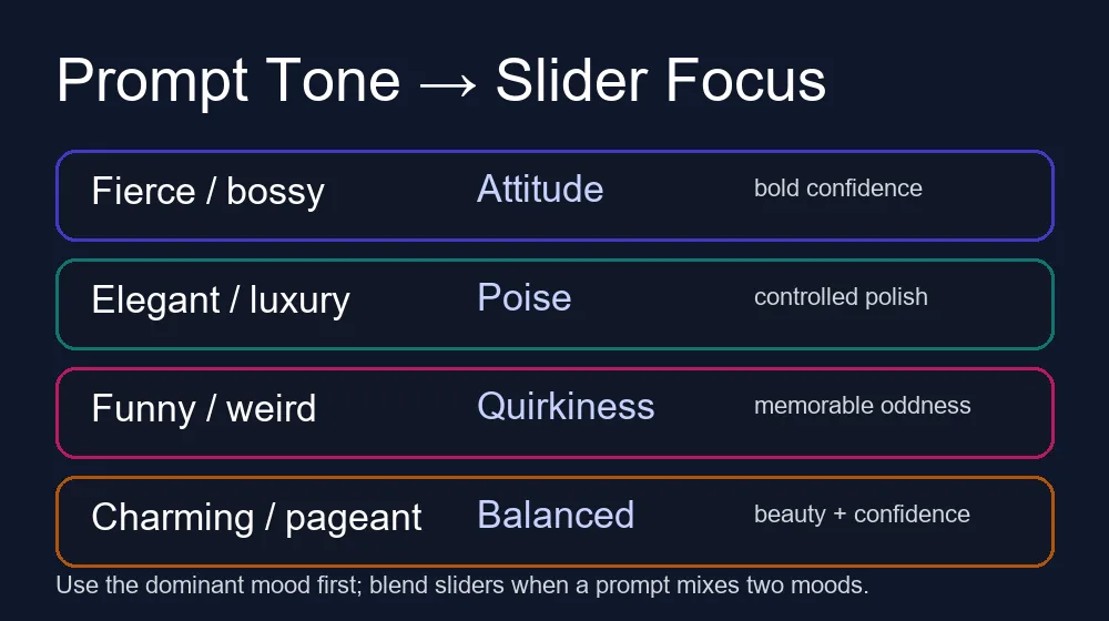 BitLife model answer framework showing how prompt tone maps to Attitude Poise and Quirkiness sliders