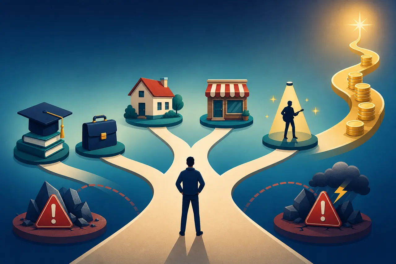 Editorial illustration of education, career, property, business, and fame routes leading to wealth in BitLife