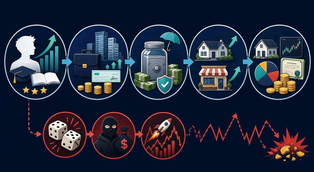 Five-stage BitLife wealth flow from education to diversified assets with a separate high-risk shortcut lane