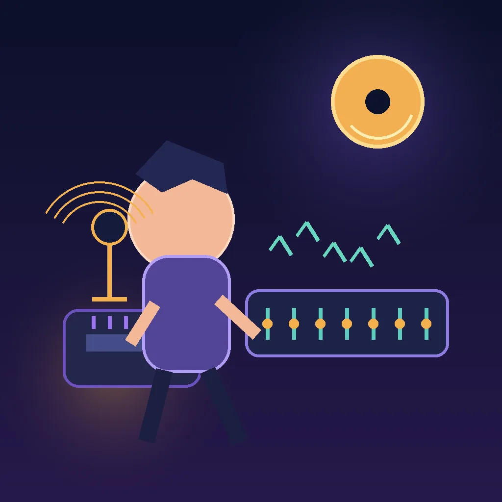 Editorial illustration of a BitLife character working between a microphone and a music production console