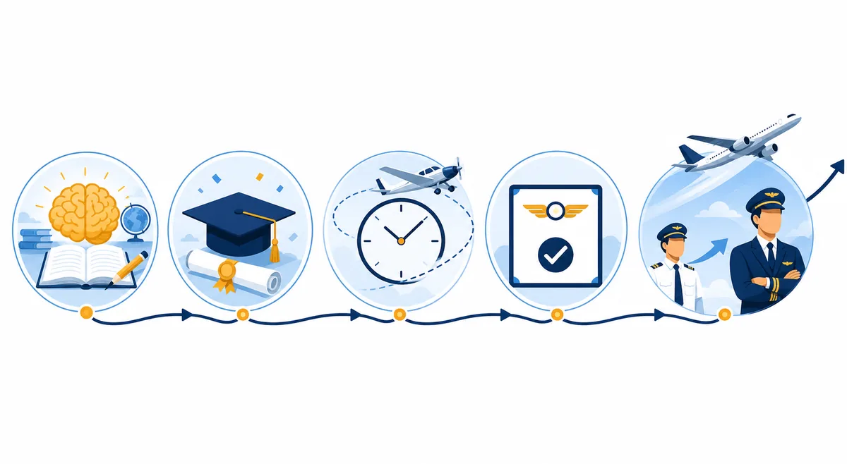 Five-stage conceptual route from strong Smarts and university to a BitLife pilot career
