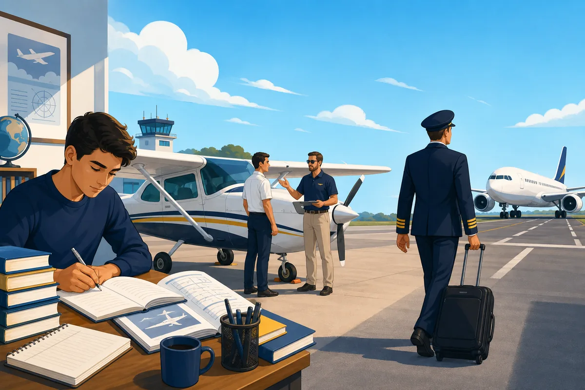 Editorial illustration of the BitLife pilot path from studying and flight school to an airline career