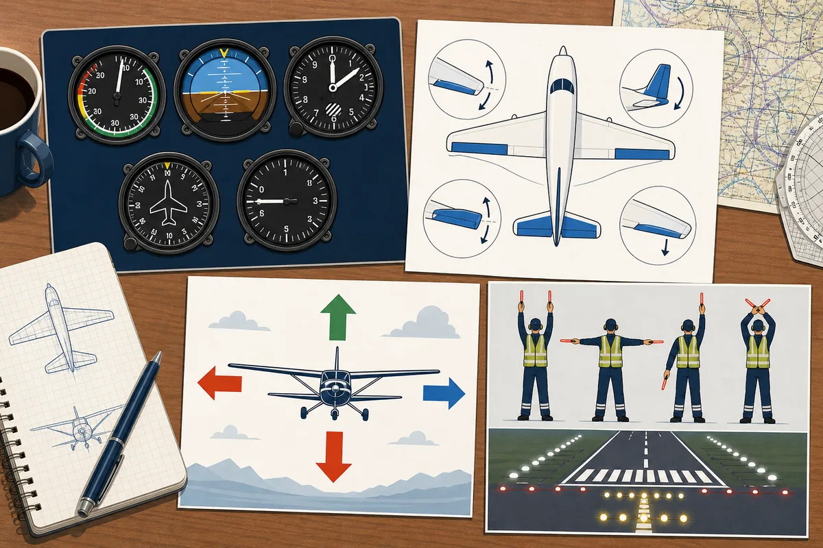 Editorial aviation study graphic showing instruments, control surfaces, flight forces, marshaller signals, and runway markers
