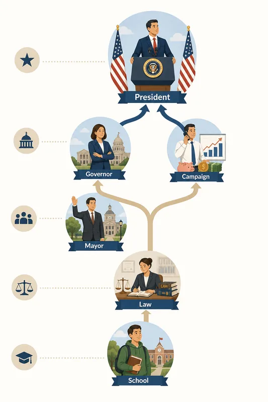 Editorial roadmap showing the BitLife path from school and local office to a presidential campaign