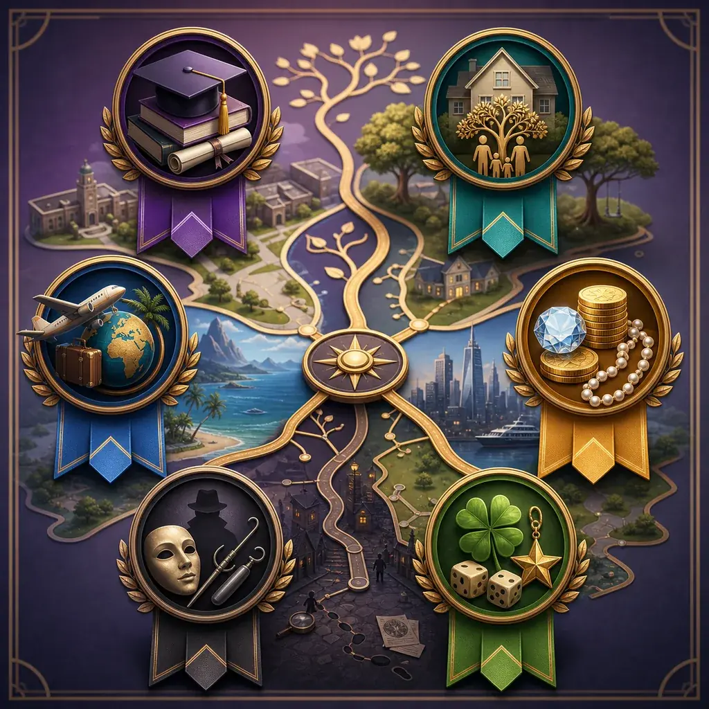 Conceptual BitLife ribbon collection arranged around branching life paths