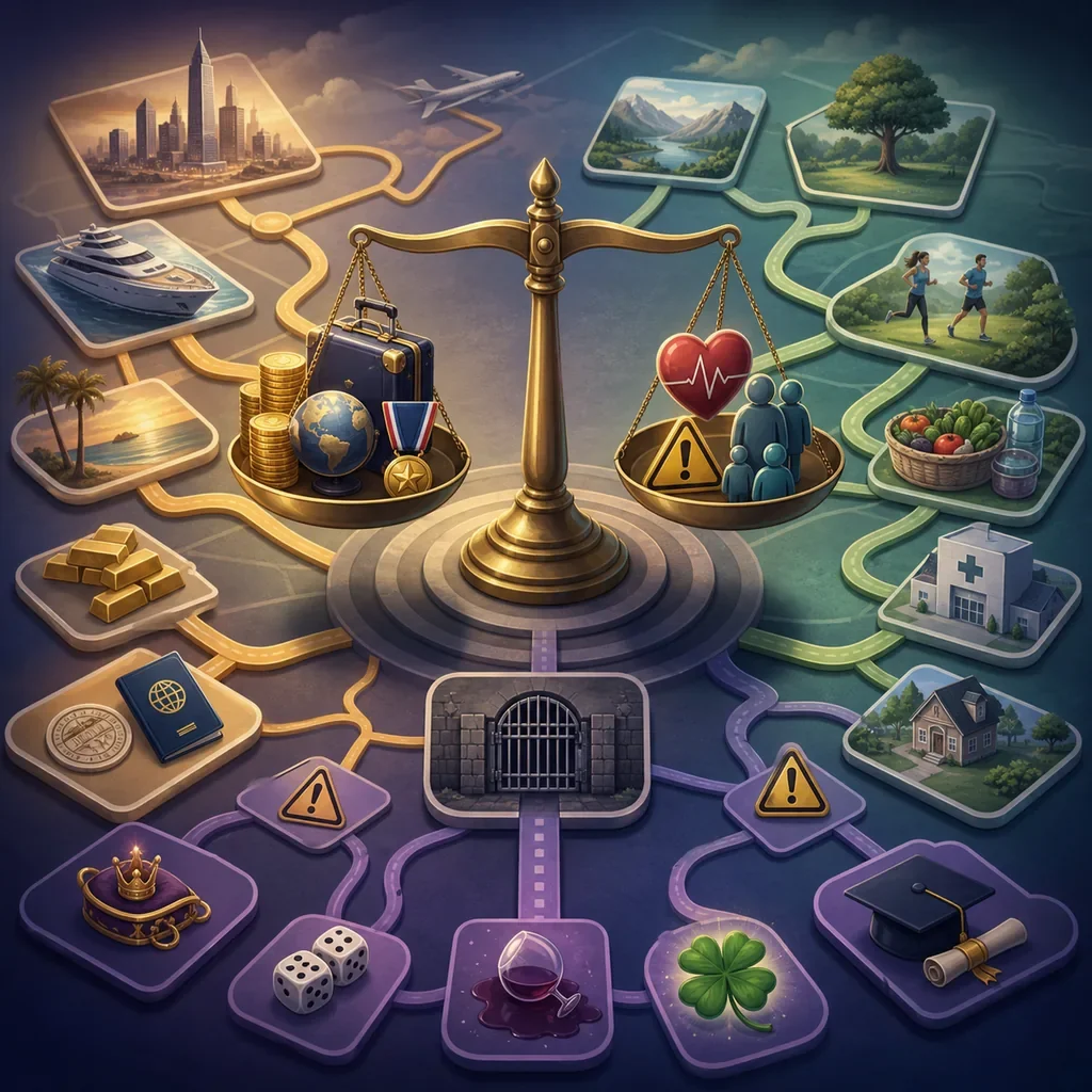 Conceptual BitLife ribbon risk map balancing wealth, health, family, travel, and prison outcomes