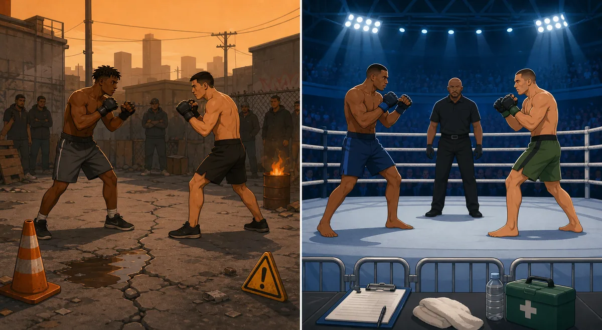 Editorial comparison of an informal street fight and a regulated league fight in a fictional sports game