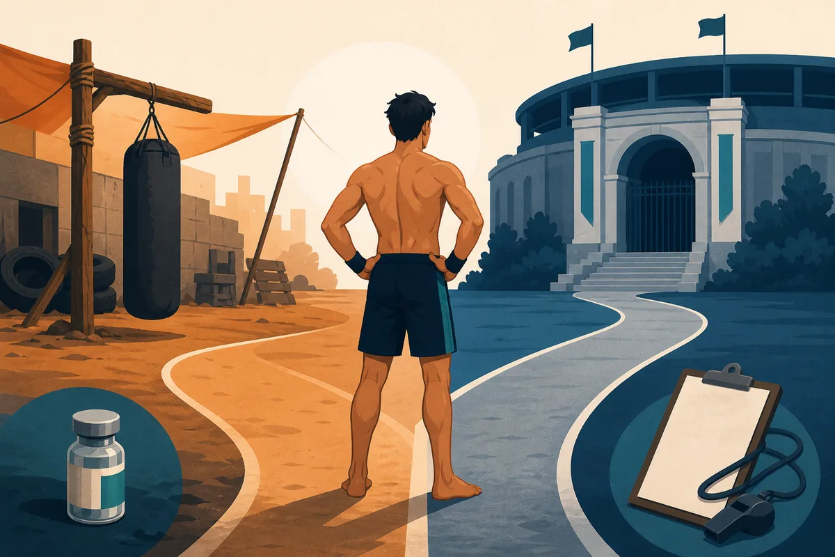Editorial illustration of a BitLife-style fighter choosing between street training and a regulated arena